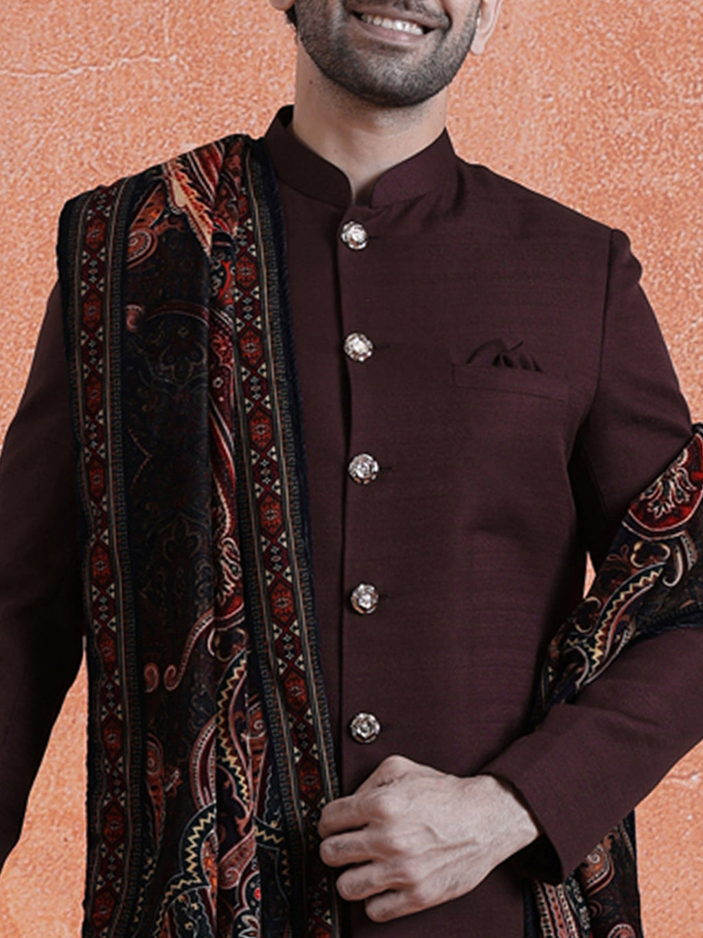 Wine Polyviscose Solid Sherwani Trouser Set With Velvet Dupatta