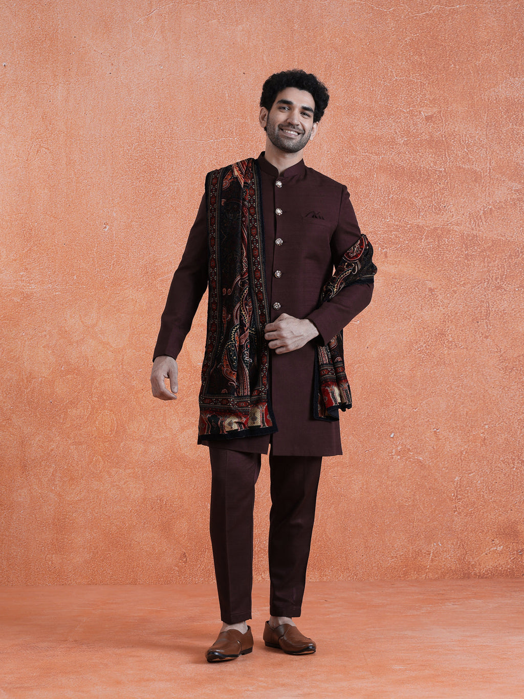 Wine Polyviscose Solid Sherwani Trouser Set With Velvet Dupatta