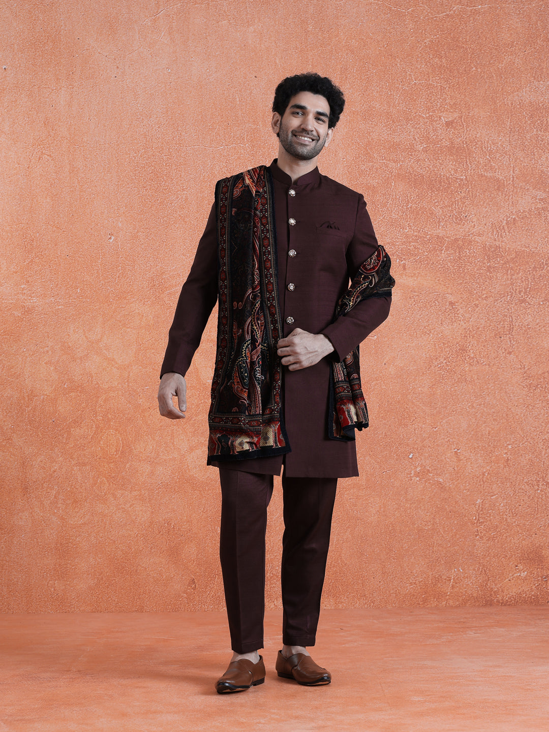 Wine Polyviscose Solid Sherwani Trouser Set With Velvet Dupatta