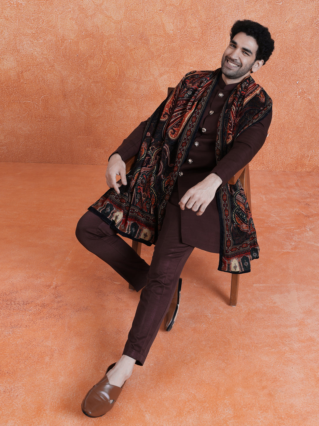Wine Polyviscose Solid Sherwani Trouser Set With Velvet Dupatta