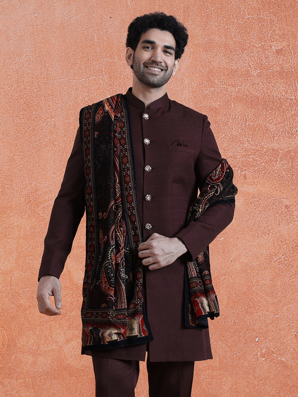 Wine Polyviscose Solid Sherwani Trouser Set With Velvet Dupatta
