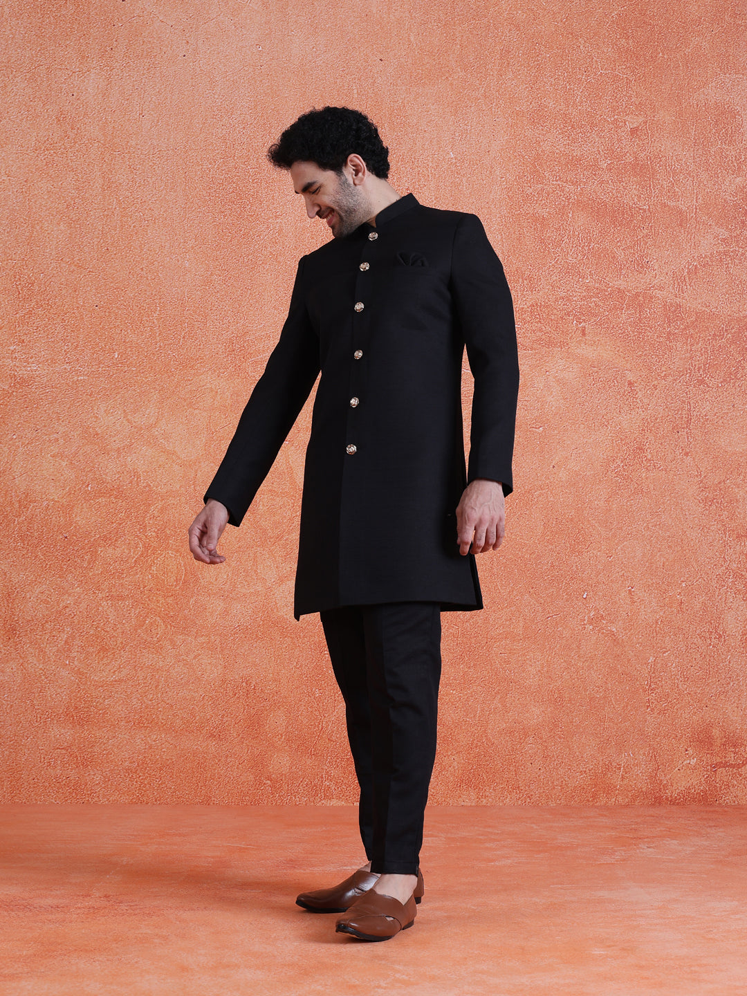 Black Polyviscose Solid Sherwani Trouser Set