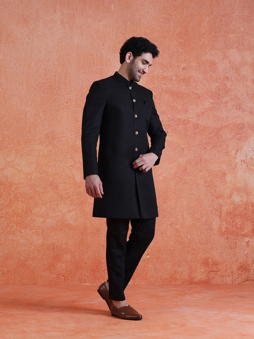 Black Polyviscose Solid Sherwani Trouser Set