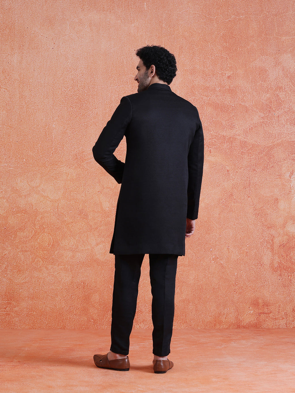 Black Polyviscose Solid Sherwani Trouser Set