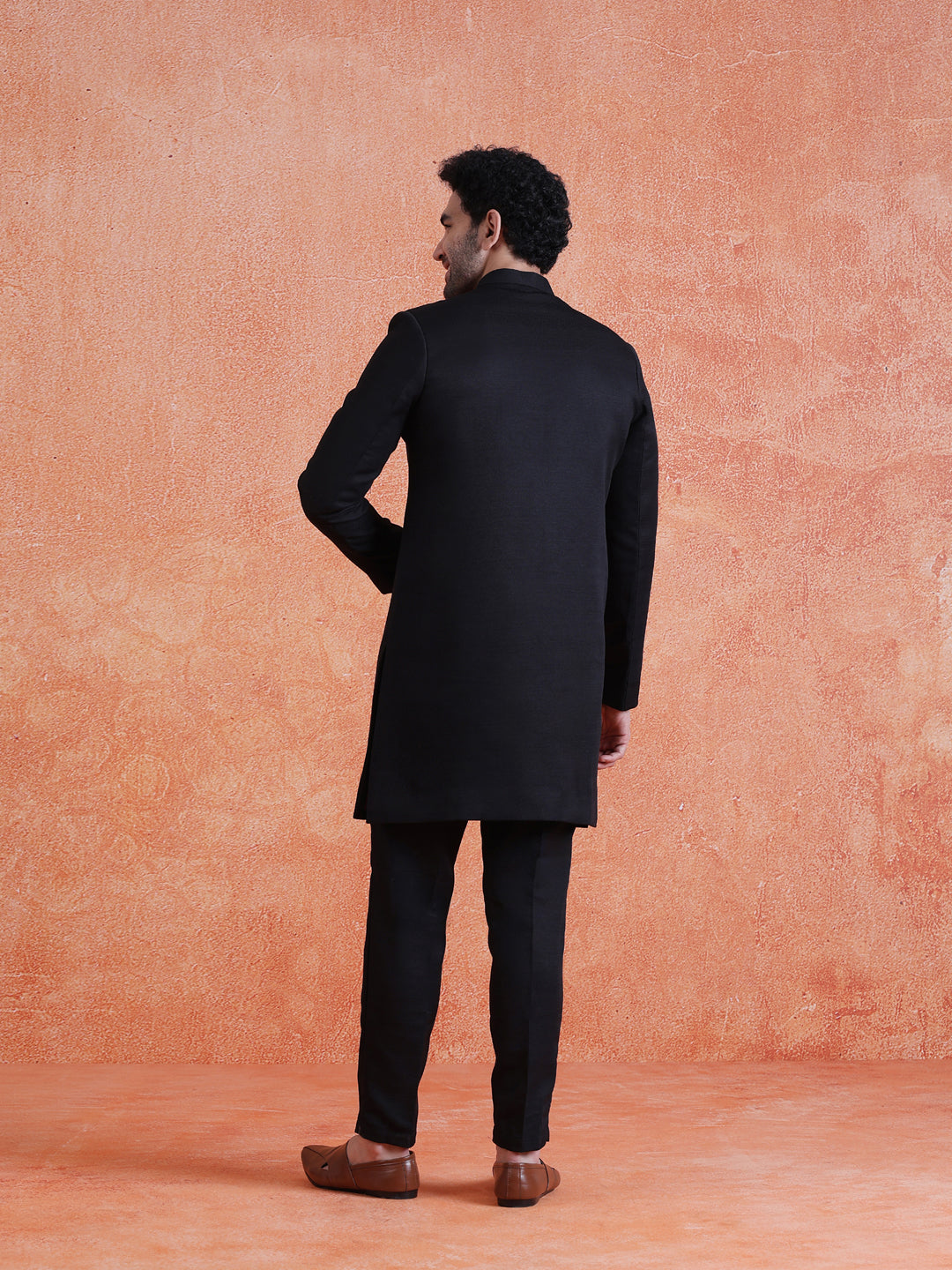 Black Polyviscose Solid Sherwani Trouser Set