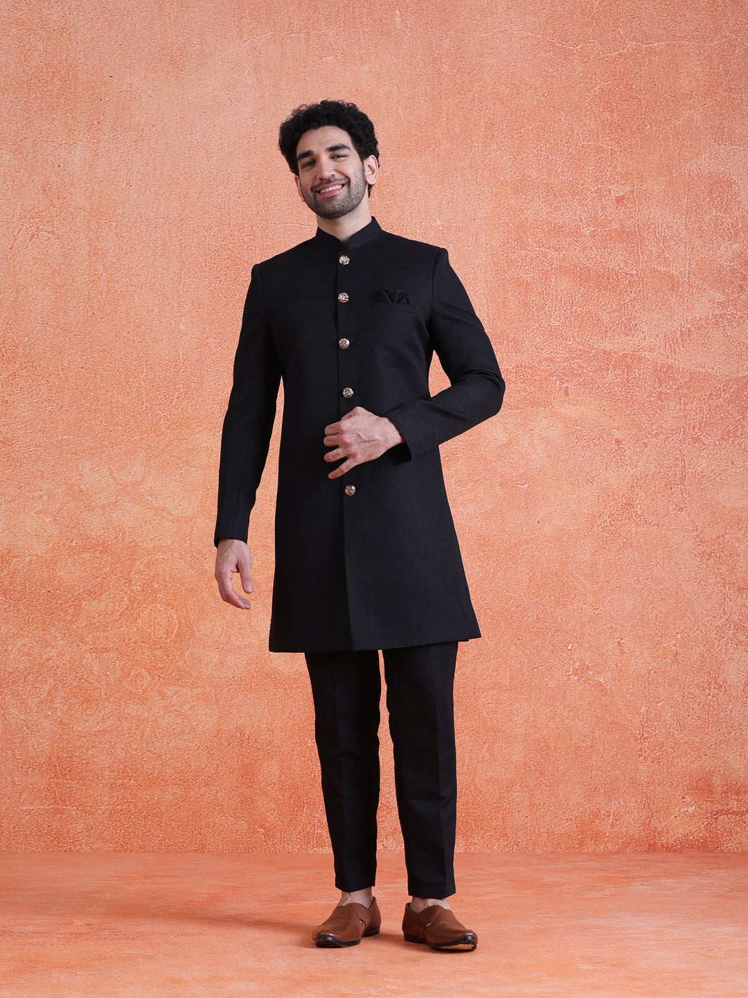 Black Polyviscose Solid Sherwani Trouser Set