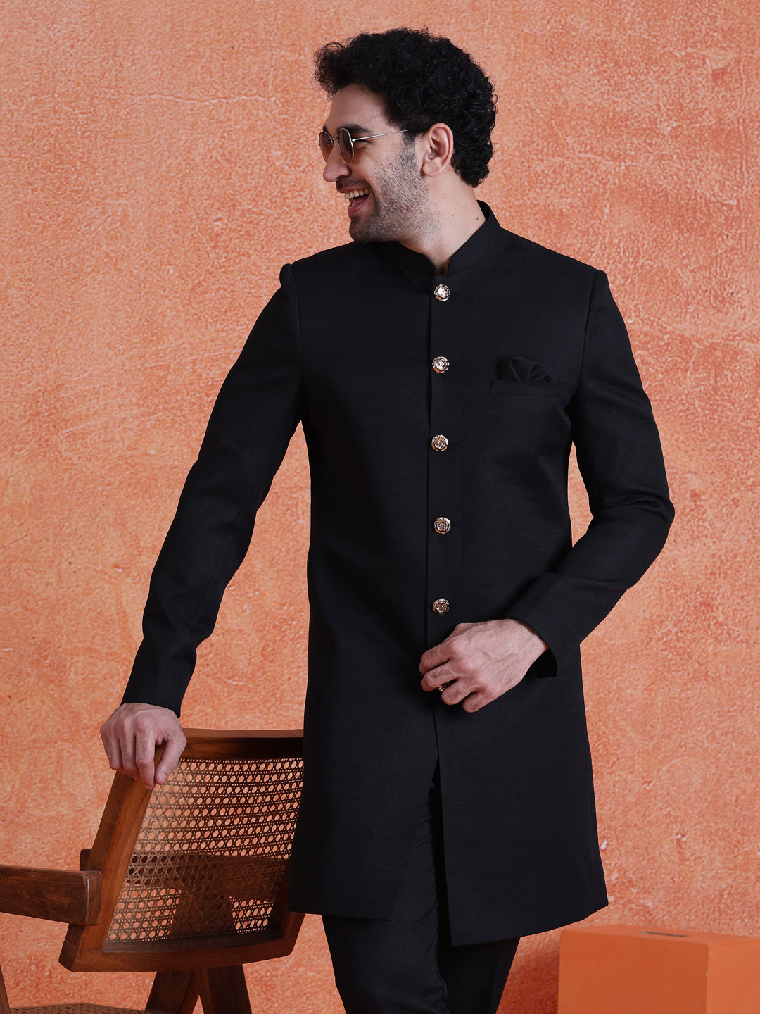 Black Polyviscose Solid Sherwani Trouser Set