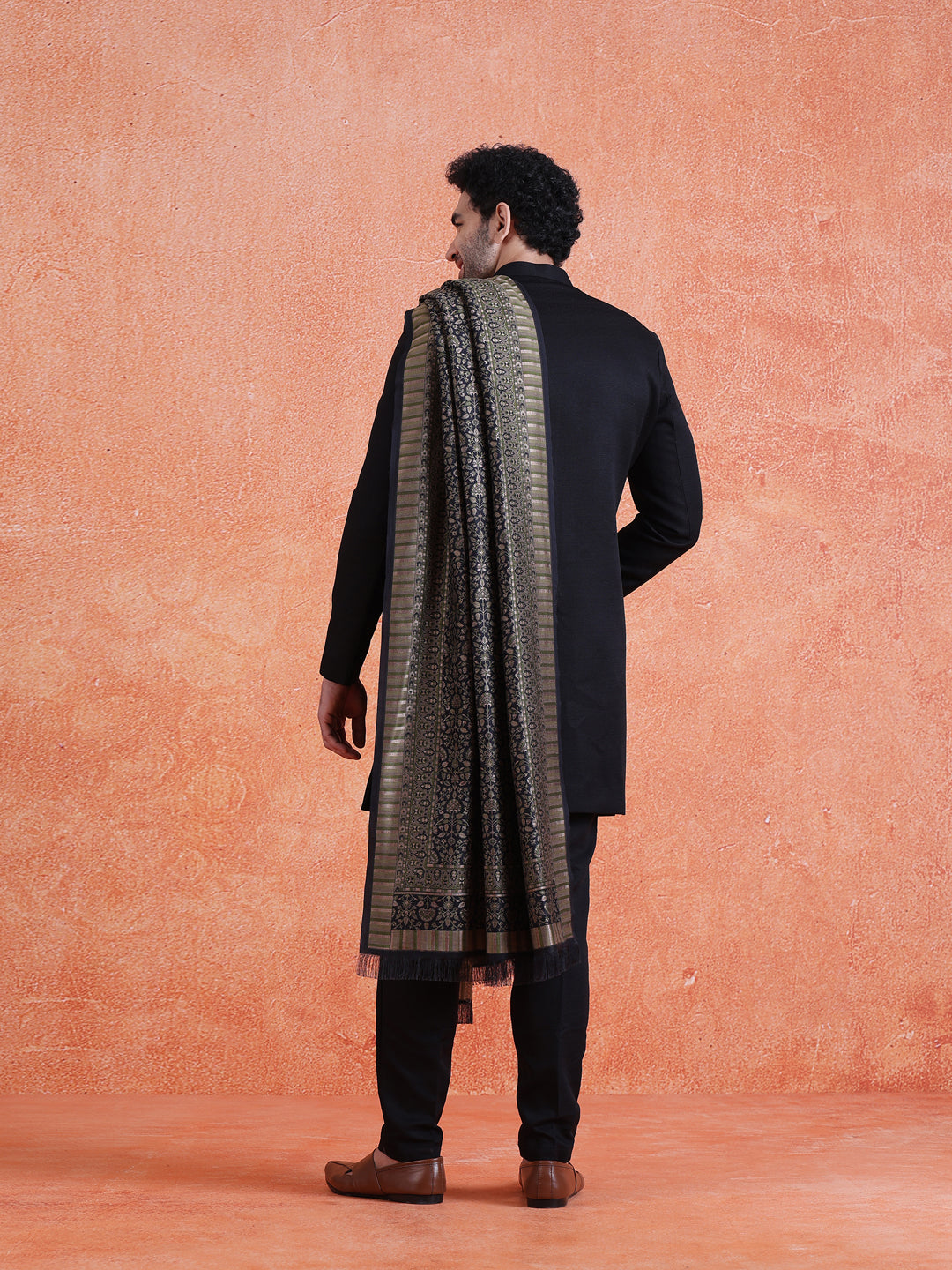 Black Polyviscose Solid Sherwani Trouser Set With Dupatta
