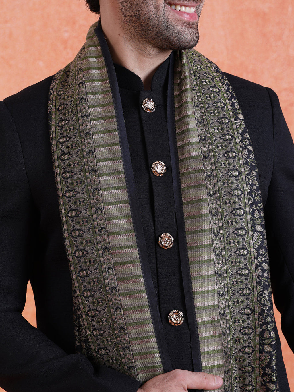 Black Polyviscose Solid Sherwani Trouser Set With Dupatta
