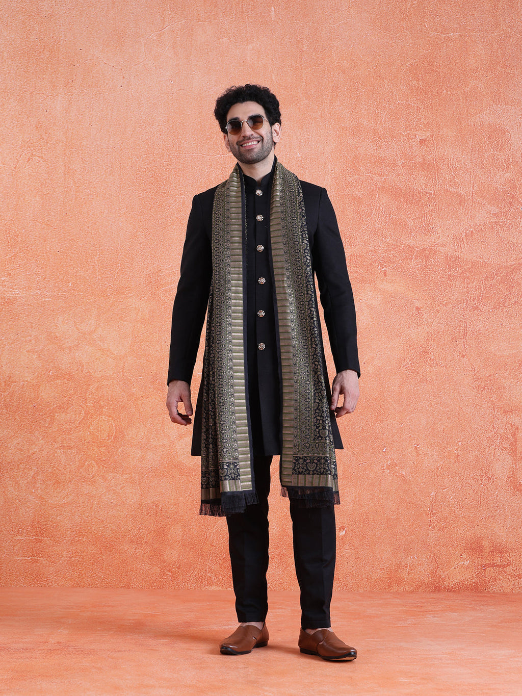 Black Polyviscose Solid Sherwani Trouser Set With Dupatta