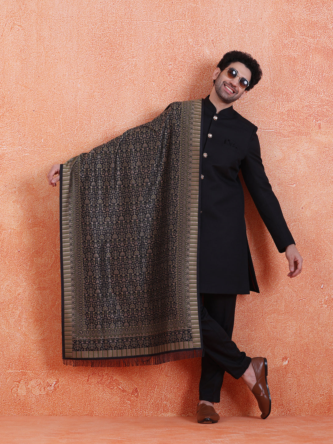 Black Polyviscose Solid Sherwani Trouser Set With Dupatta