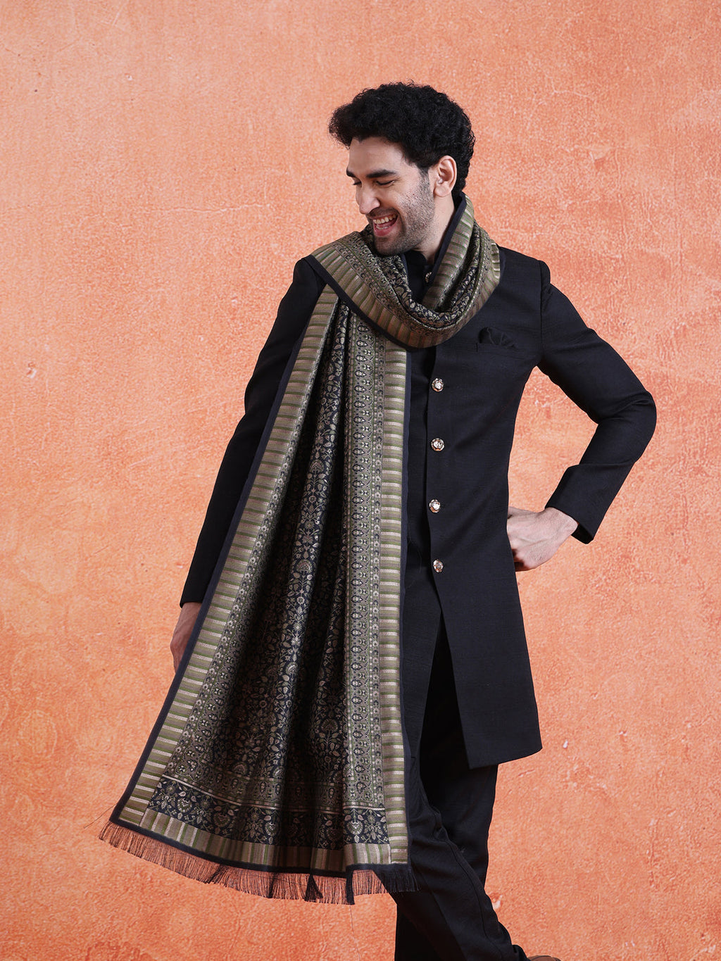 Black Polyviscose Solid Sherwani Trouser Set With Dupatta