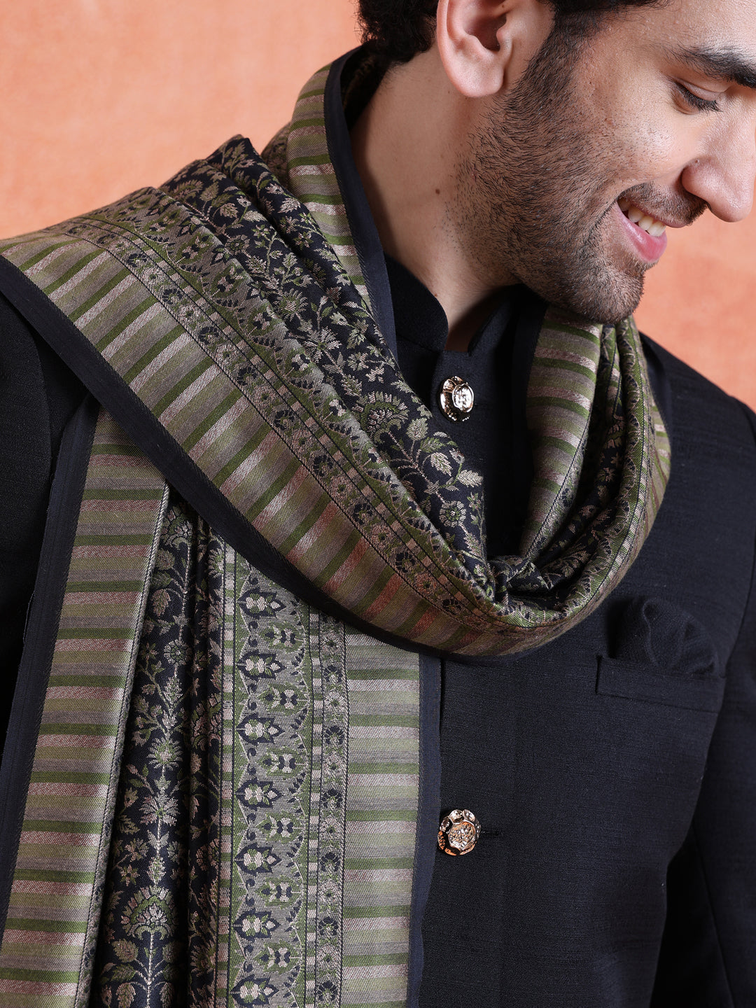 Black Polyviscose Solid Sherwani Trouser Set With Dupatta