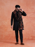 Black Polyviscose Solid Sherwani Trouser Set With Velvet Dupatta