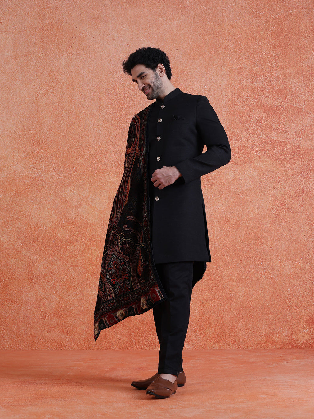 Black Polyviscose Solid Sherwani Trouser Set With Velvet Dupatta
