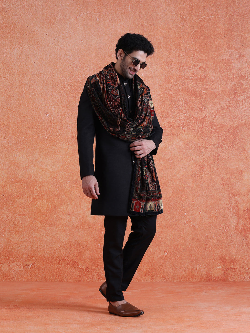 Black Polyviscose Solid Sherwani Trouser Set With Velvet Dupatta