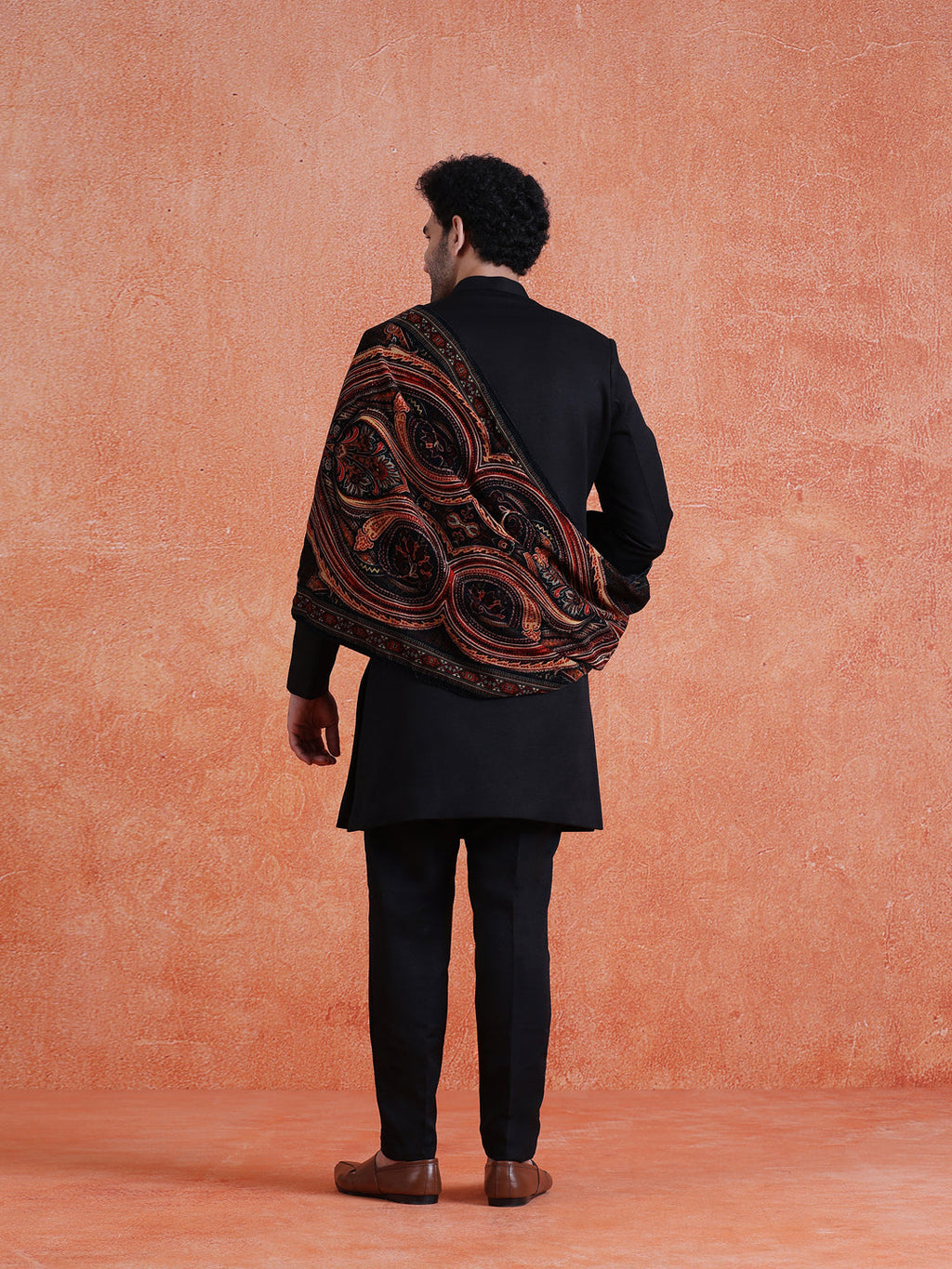 Black Polyviscose Solid Sherwani Trouser Set With Velvet Dupatta