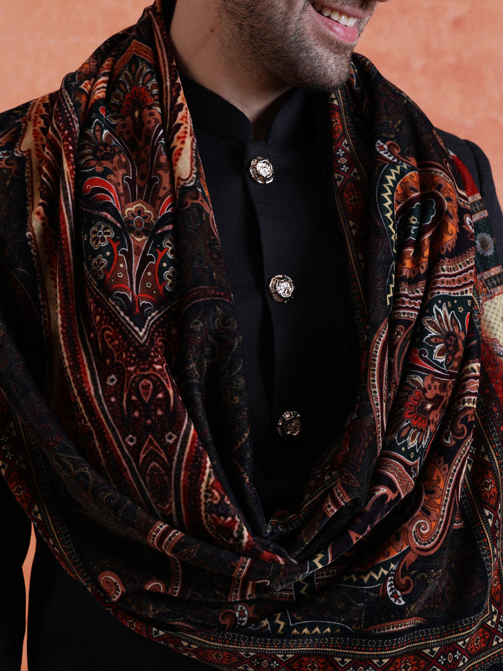 Black Polyviscose Solid Sherwani Trouser Set With Velvet Dupatta