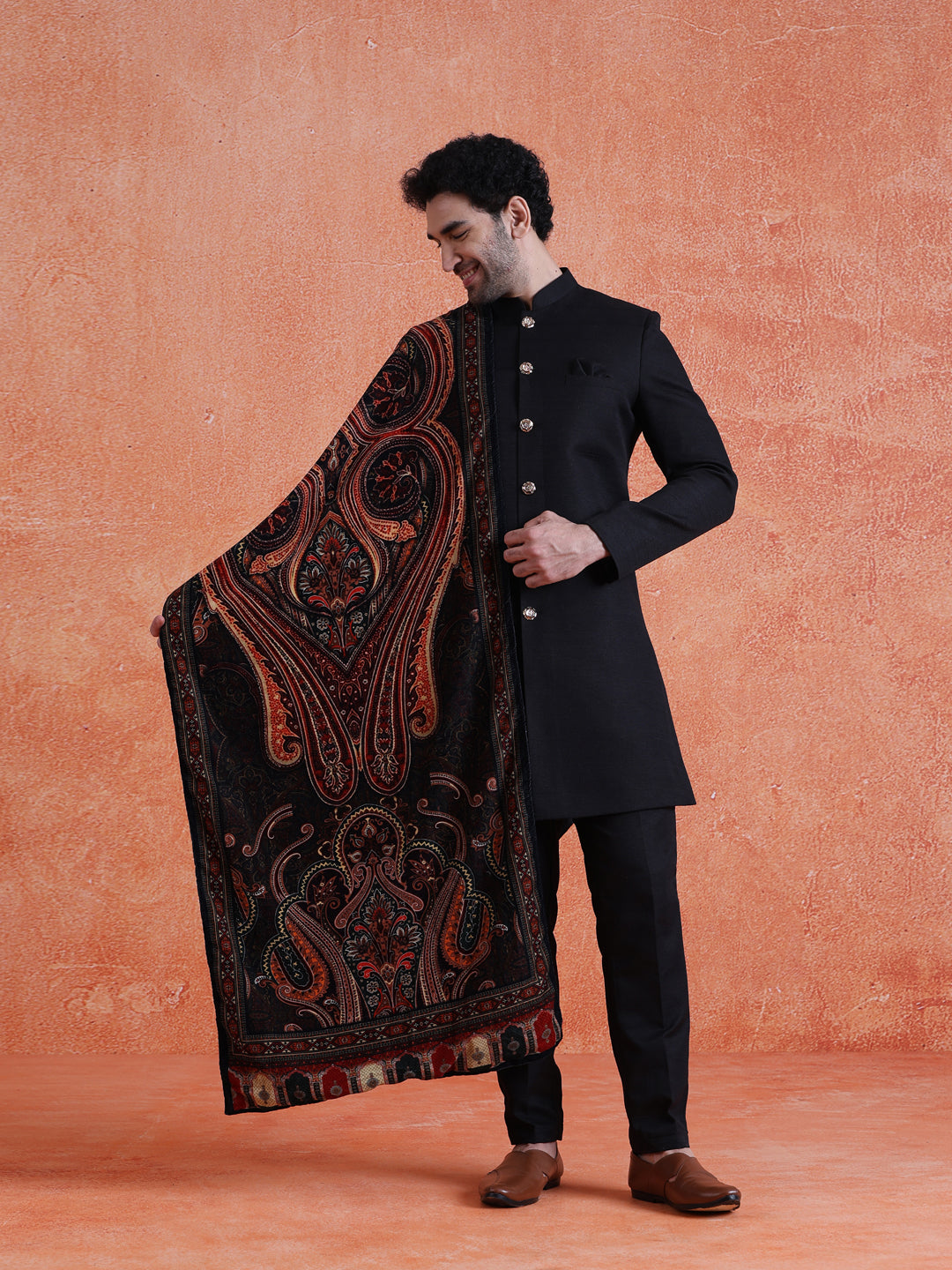 Black Polyviscose Solid Sherwani Trouser Set With Velvet Dupatta