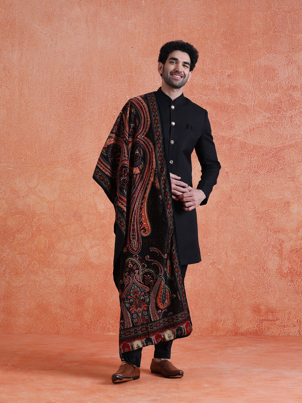 Black Polyviscose Solid Sherwani Trouser Set With Velvet Dupatta