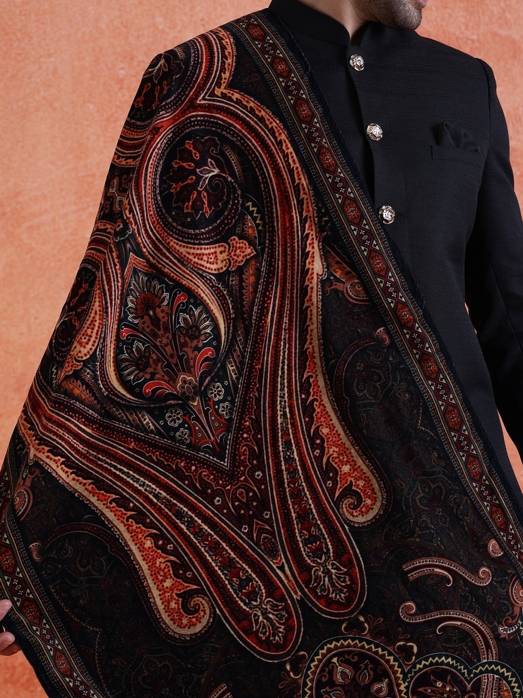Black Polyviscose Solid Sherwani Trouser Set With Velvet Dupatta