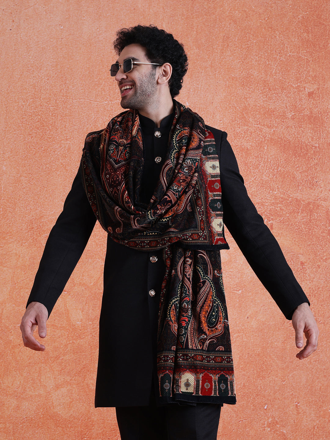 Black Polyviscose Solid Sherwani Trouser Set With Velvet Dupatta