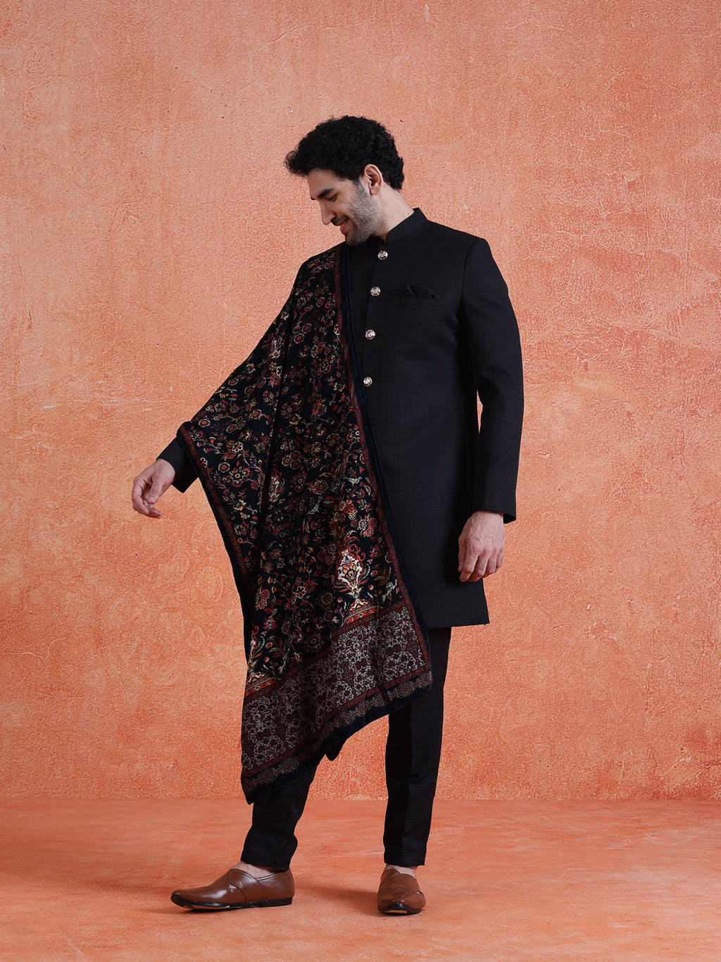 Black Polyviscose Solid Sherwani Trouser Set with Printed Velvet Dupatta