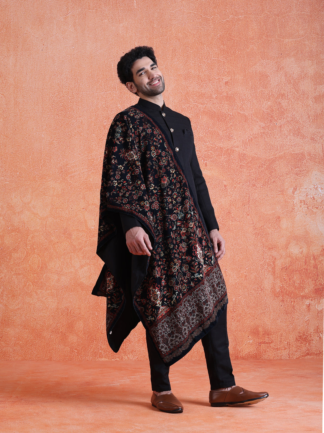 Black Polyviscose Solid Sherwani Trouser Set with Printed Velvet Dupatta