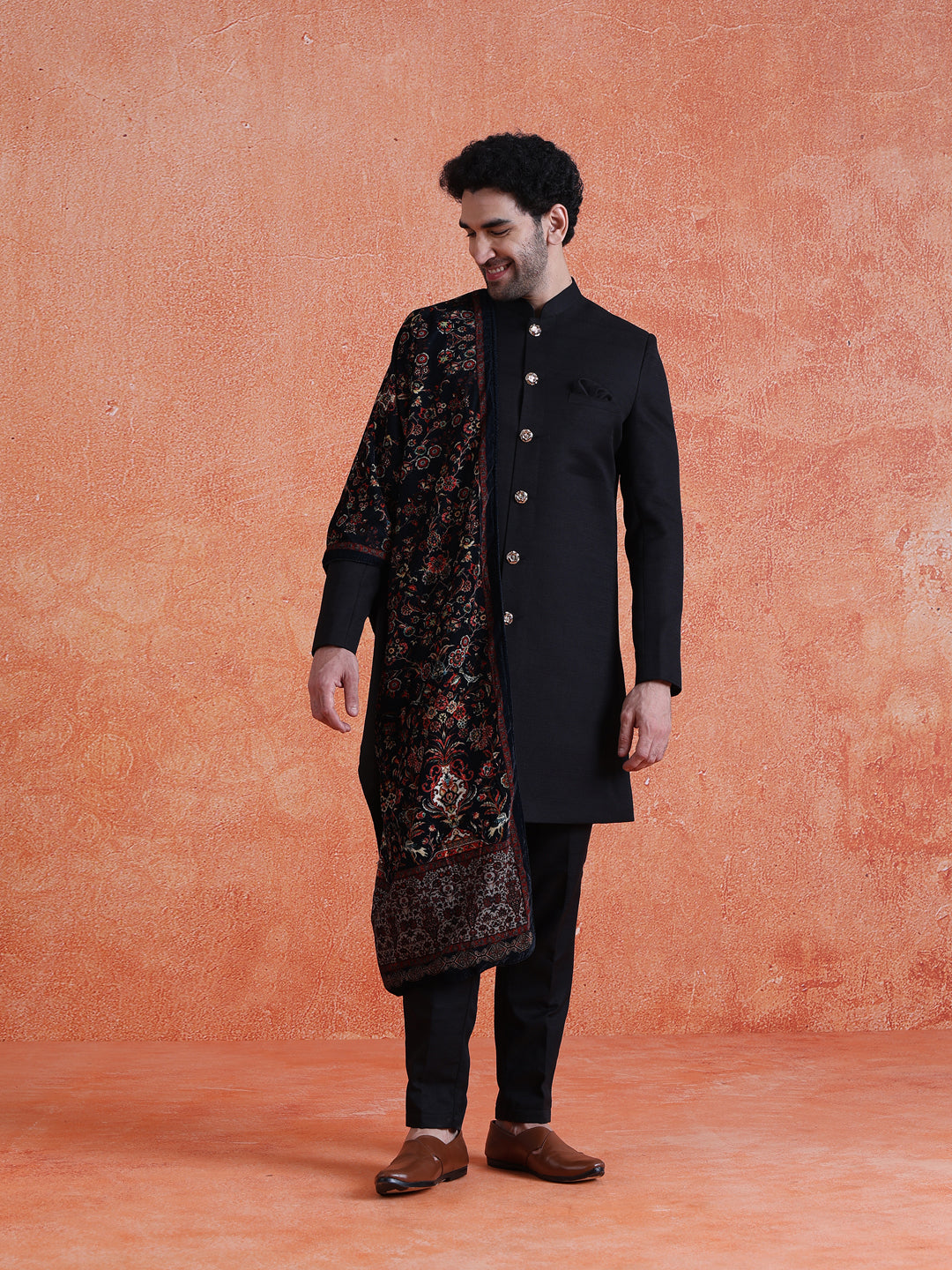 Black Polyviscose Solid Sherwani Trouser Set with Printed Velvet Dupatta
