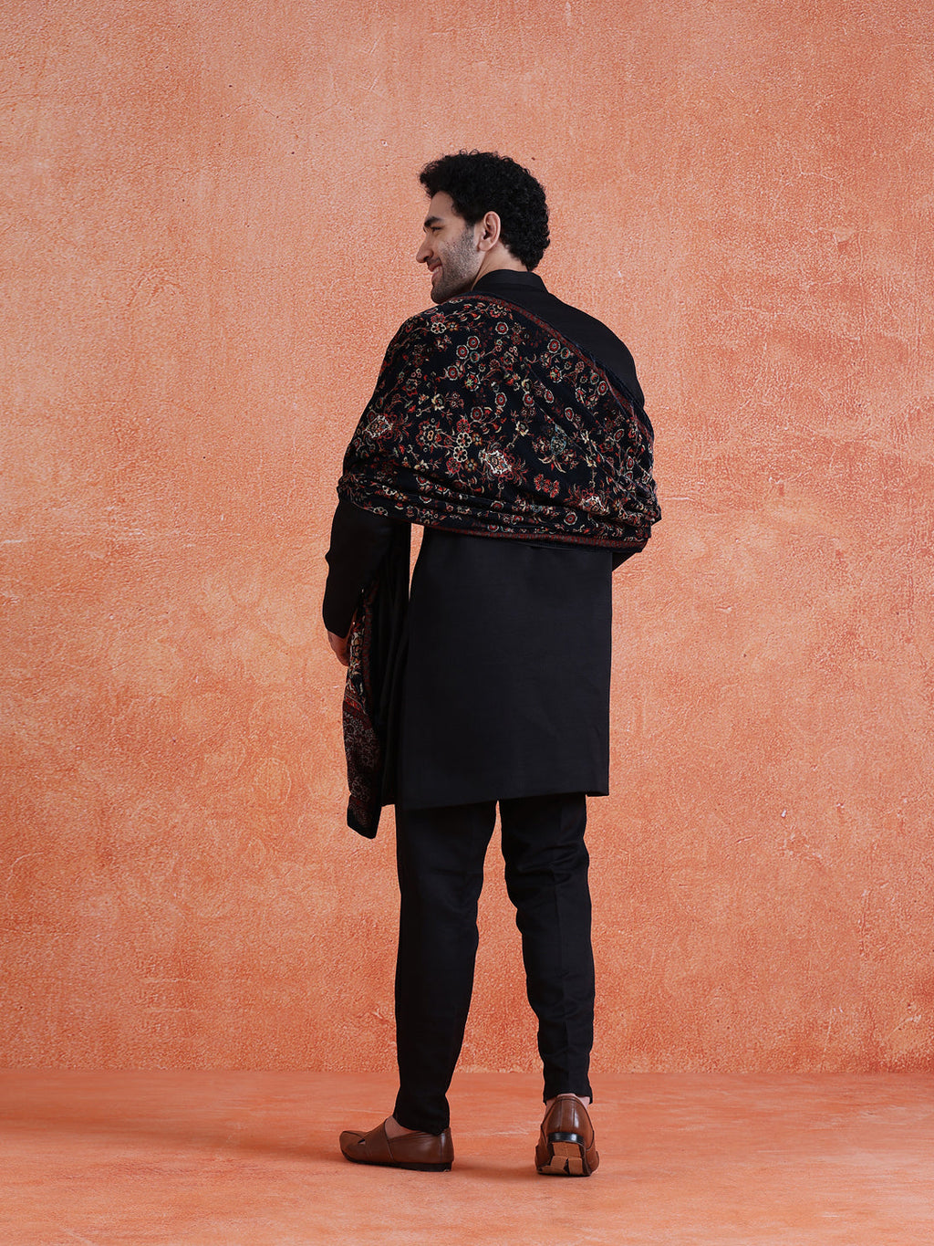 Black Polyviscose Solid Sherwani Trouser Set with Printed Velvet Dupatta