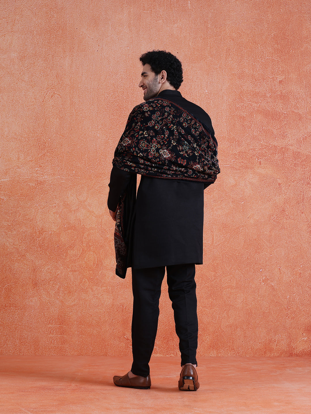 Black Polyviscose Solid Sherwani Trouser Set with Printed Velvet Dupatta