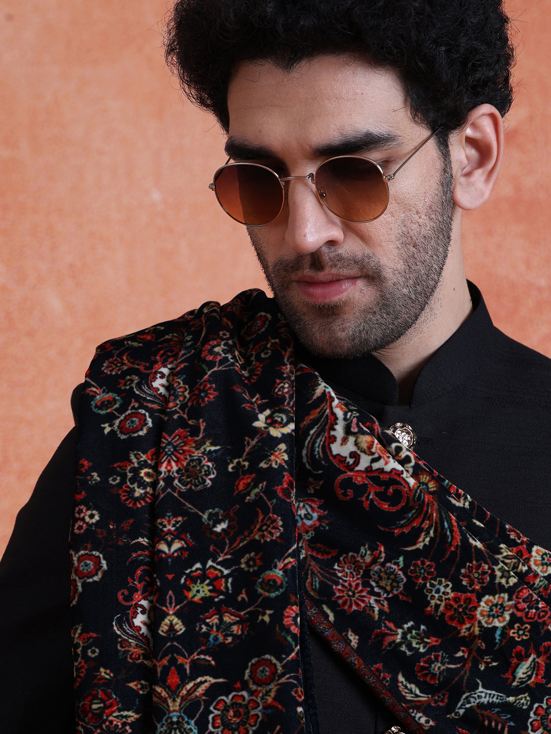 Black Polyviscose Solid Sherwani Trouser Set with Printed Velvet Dupatta
