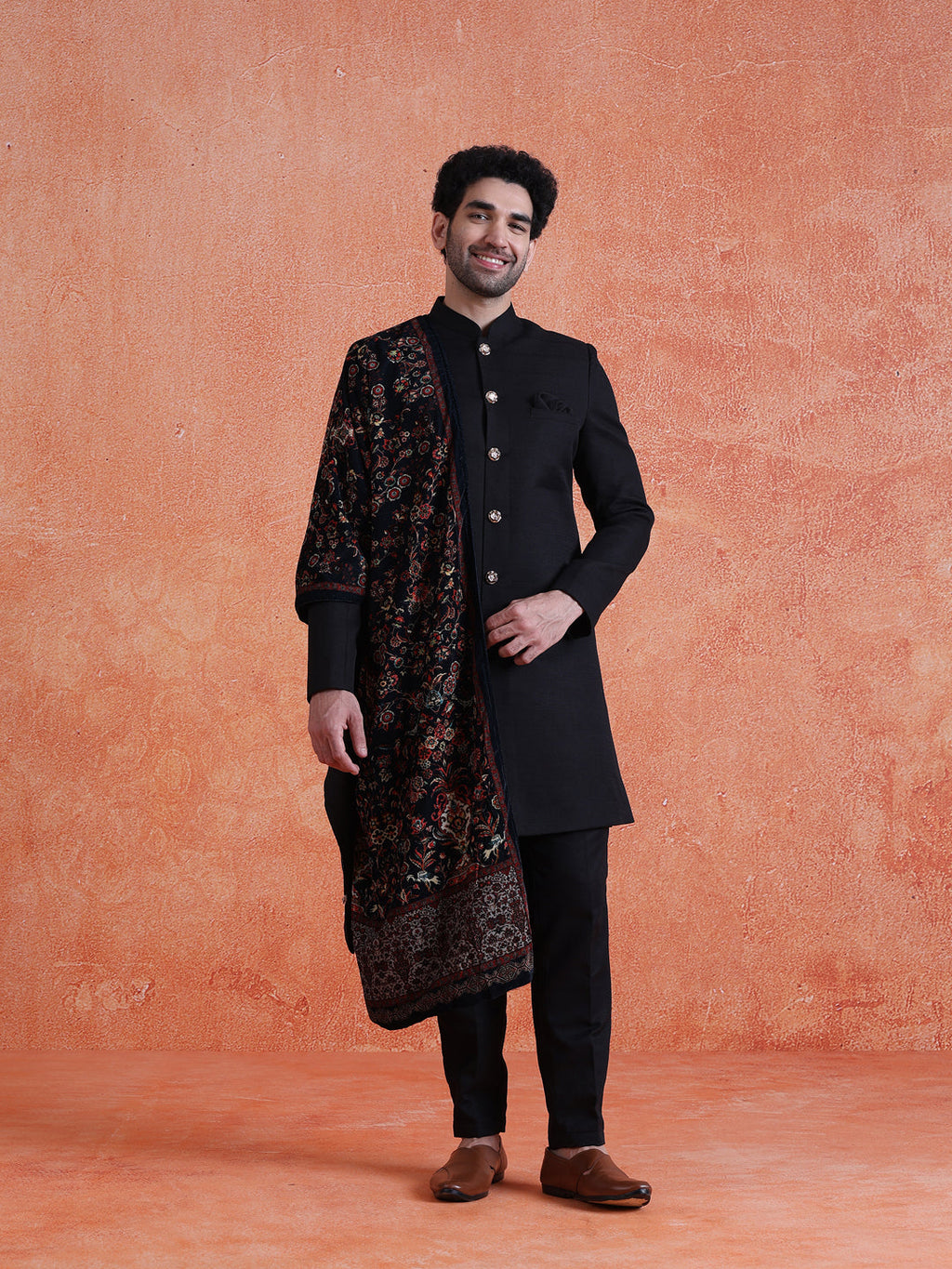 Black Polyviscose Solid Sherwani Trouser Set with Printed Velvet Dupatta