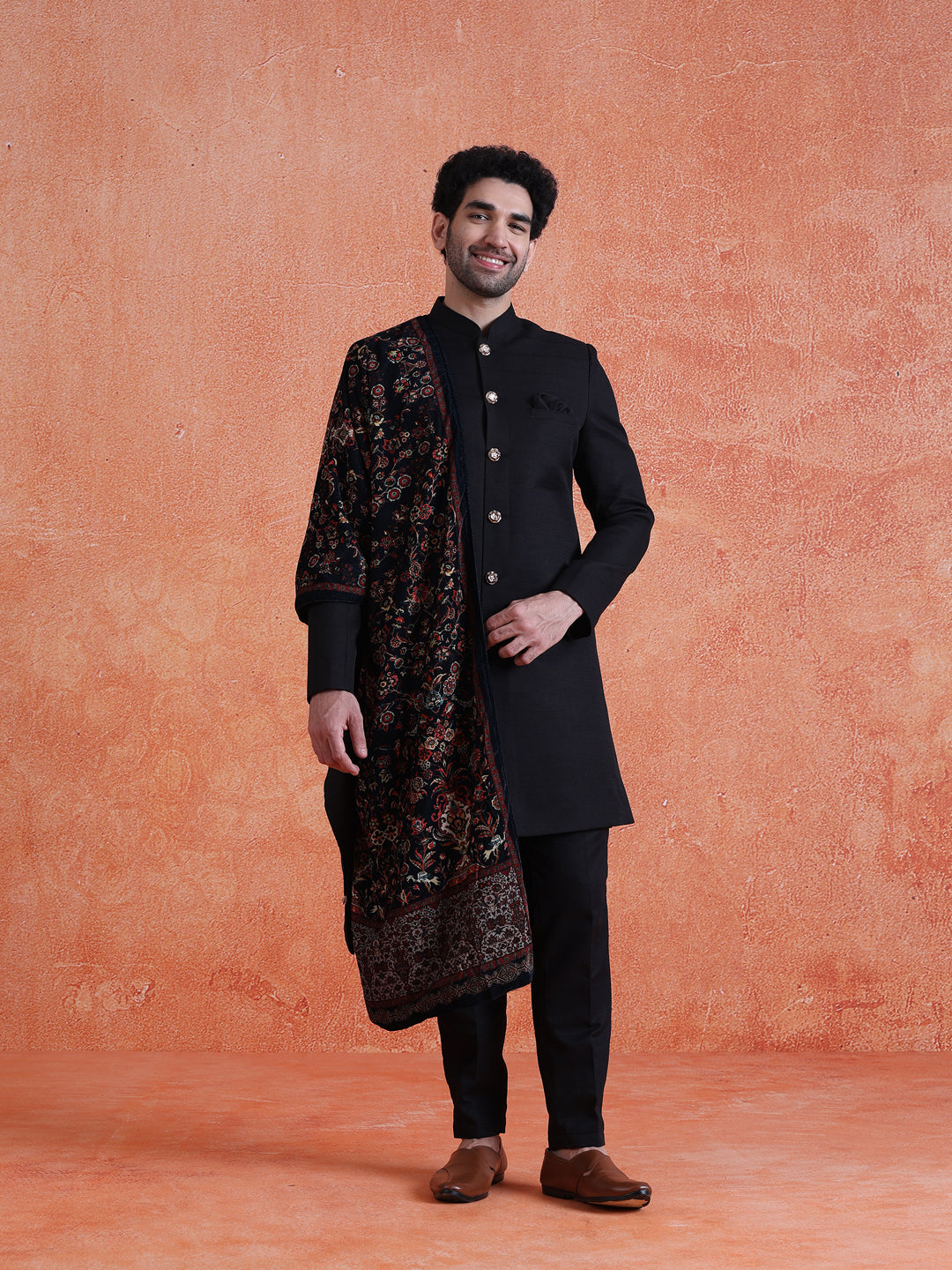 Black Polyviscose Solid Sherwani Trouser Set with Printed Velvet Dupatta