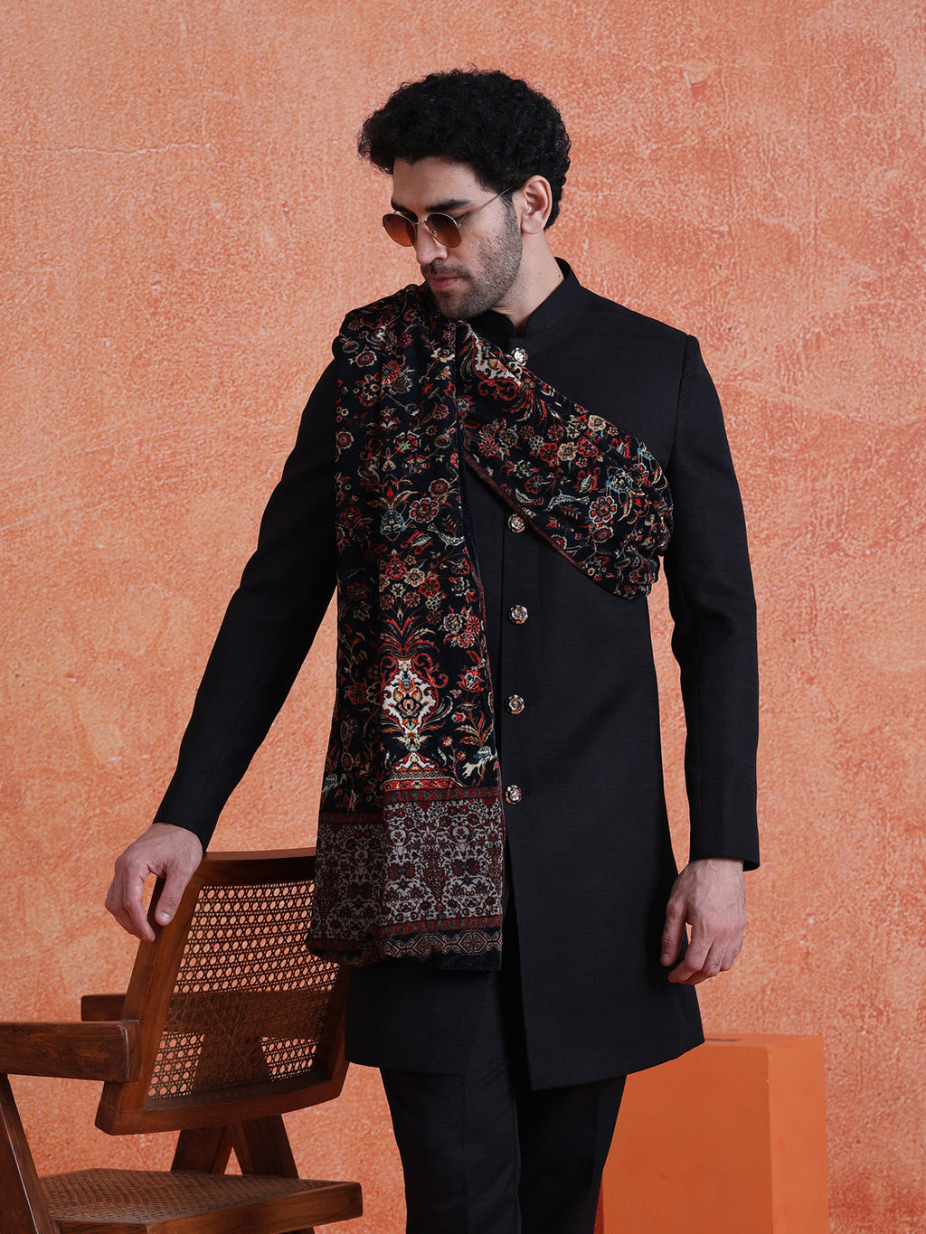 Black Polyviscose Solid Sherwani Trouser Set with Printed Velvet Dupatta