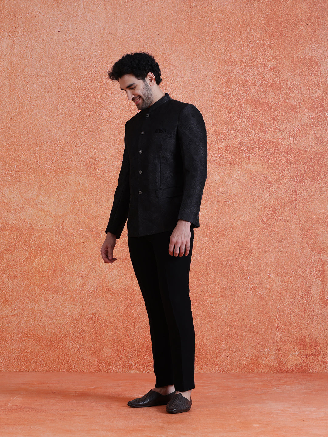 Black Silk Blend Jacquard Bandhgala Trouser Set