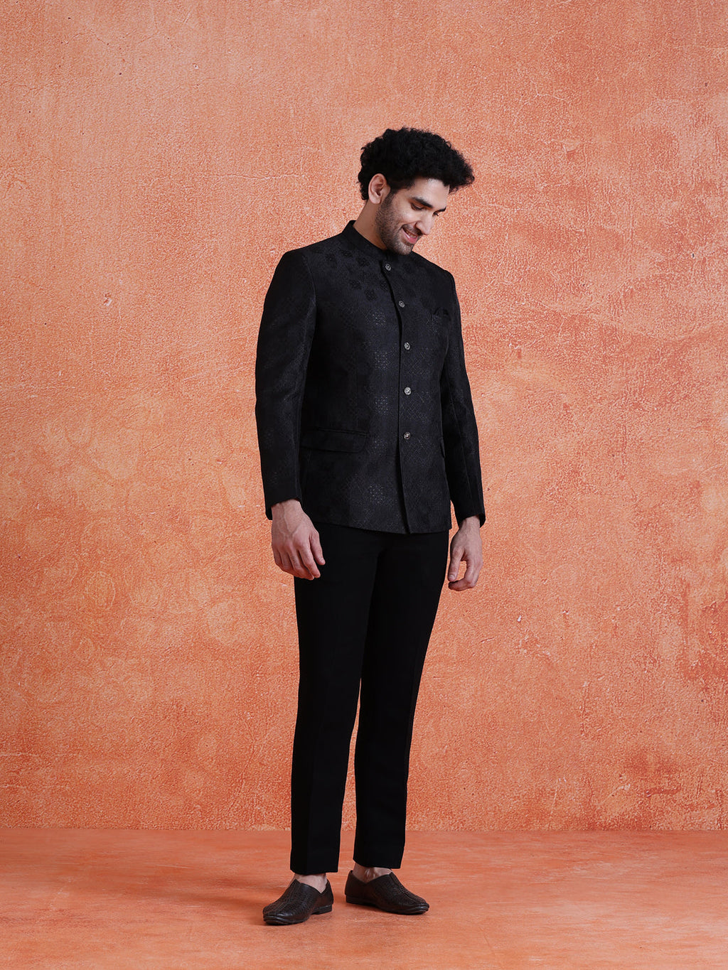 Black Silk Blend Jacquard Bandhgala Trouser Set