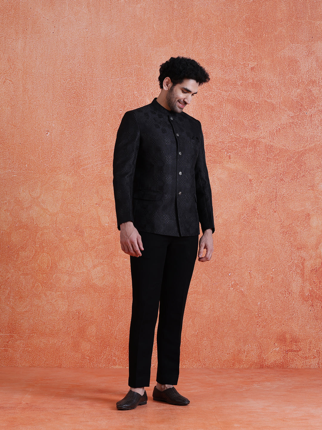 Black Silk Blend Jacquard Bandhgala Trouser Set