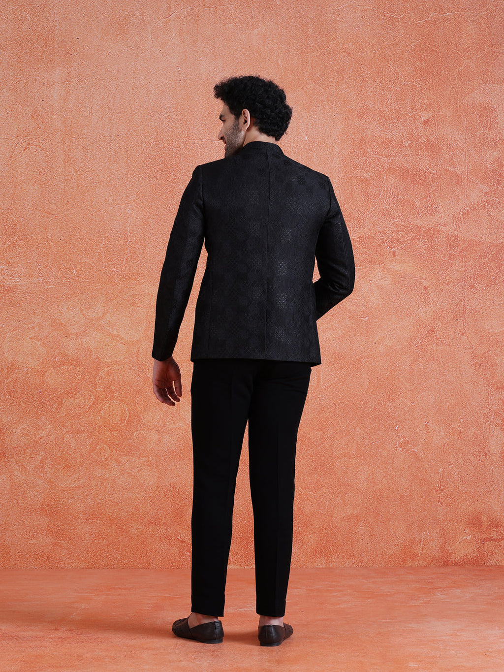 Black Silk Blend Jacquard Bandhgala Trouser Set