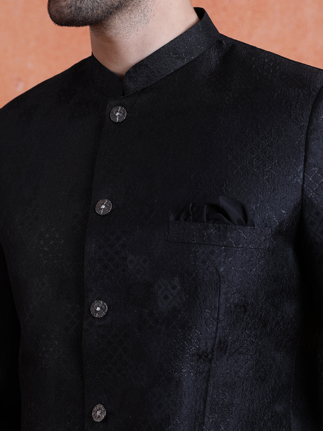 Black Silk Blend Jacquard Bandhgala Trouser Set