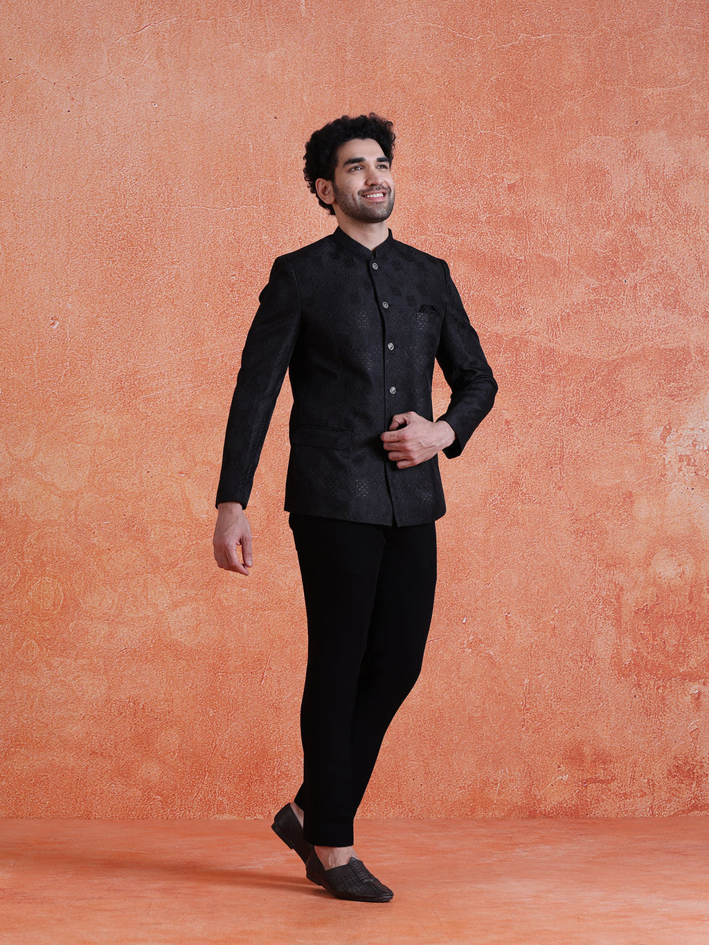 Black Silk Blend Jacquard Bandhgala Trouser Set