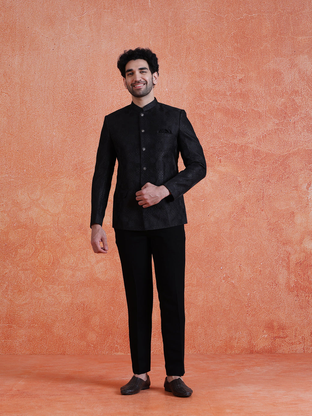 Black Silk Blend Jacquard Bandhgala Trouser Set