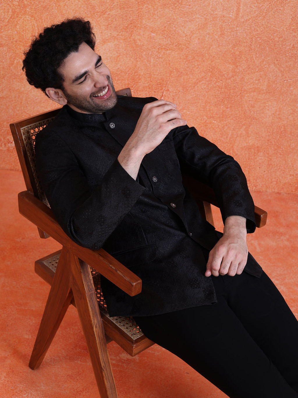 Black Silk Blend Jacquard Bandhgala Trouser Set