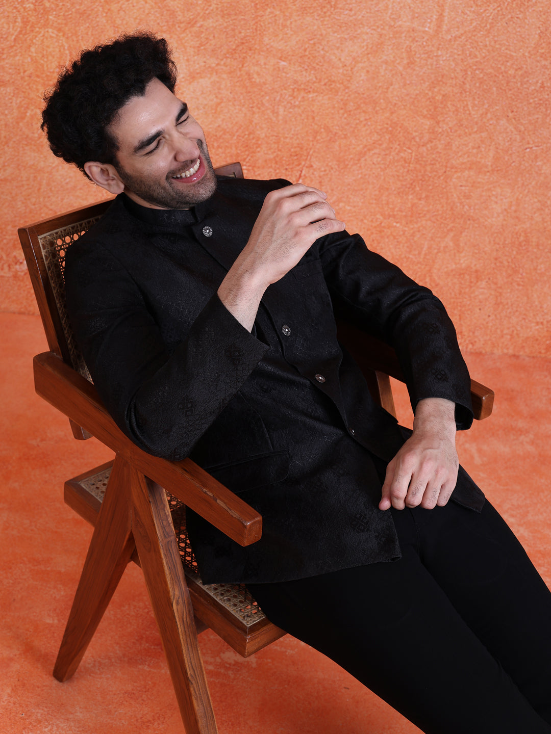 Black Silk Blend Jacquard Bandhgala Trouser Set