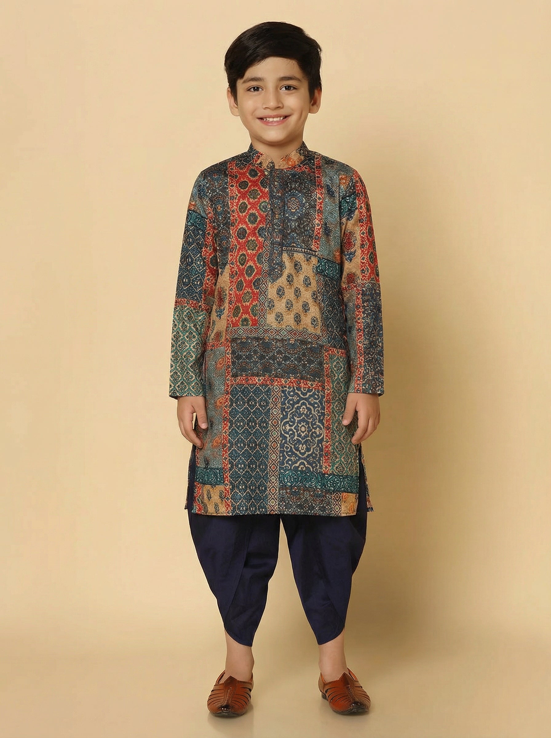 Black Multicolor Cotton Blend Printed Kurta Dhoti Set