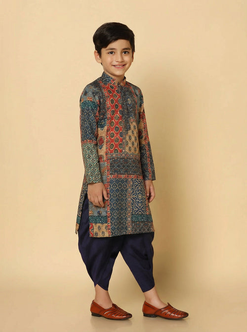 Black Multicolor Cotton Blend Printed Kurta Dhoti Set