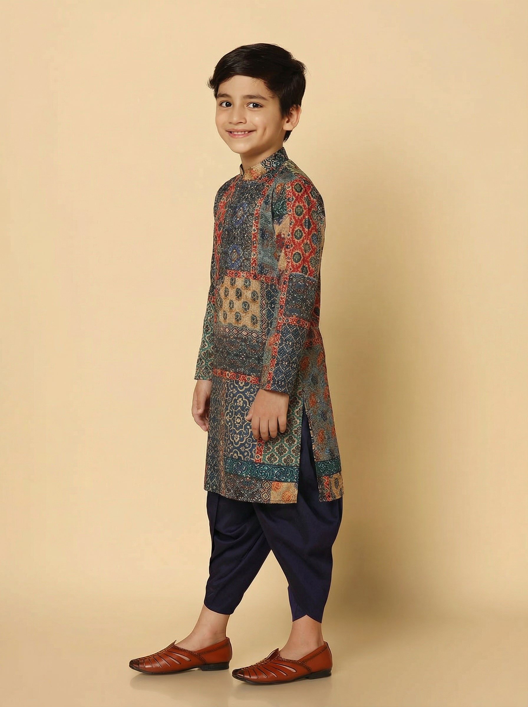 Black Multicolor Cotton Blend Printed Kurta Dhoti Set