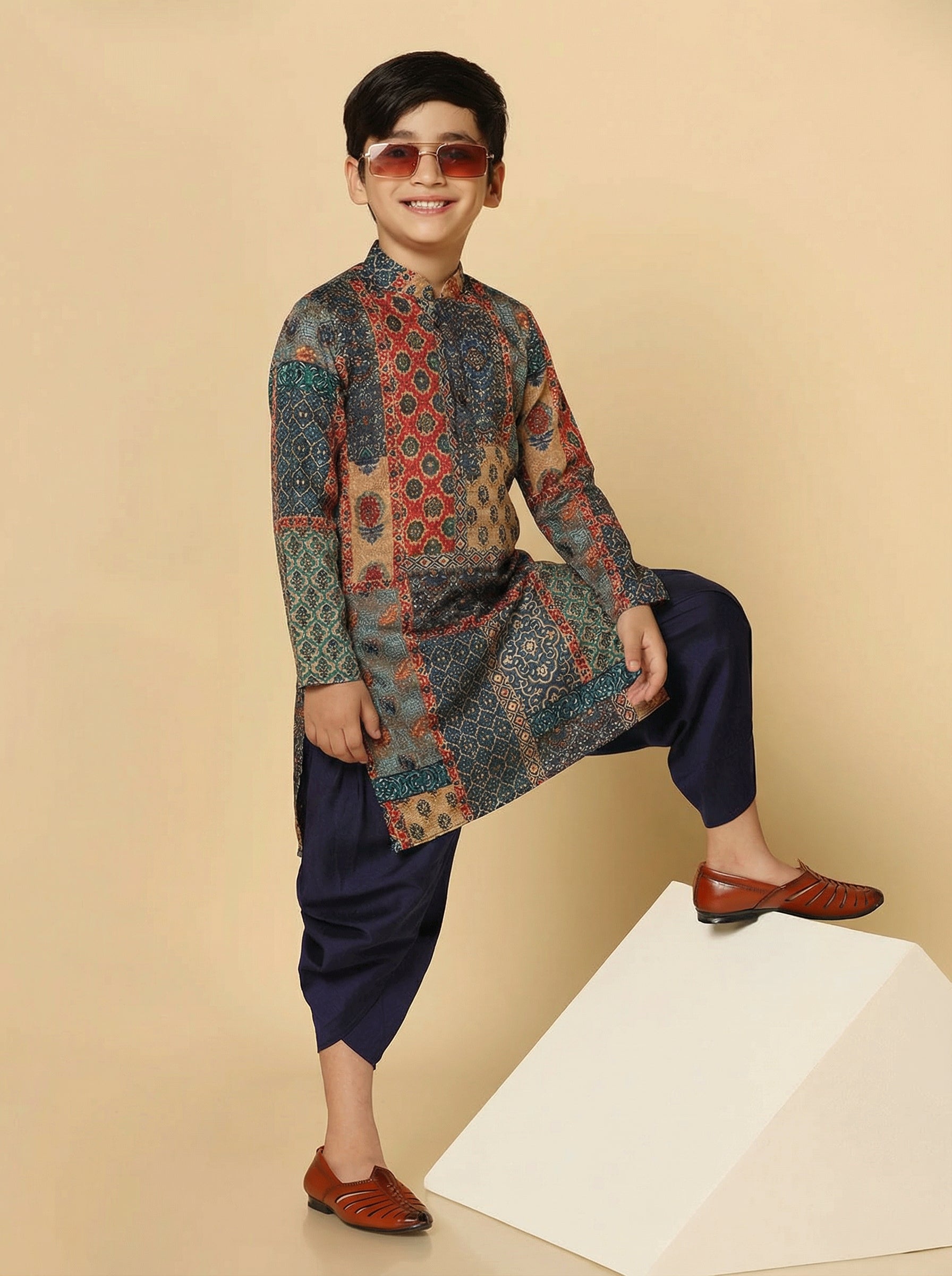 Black Multicolor Cotton Blend Printed Kurta Dhoti Set