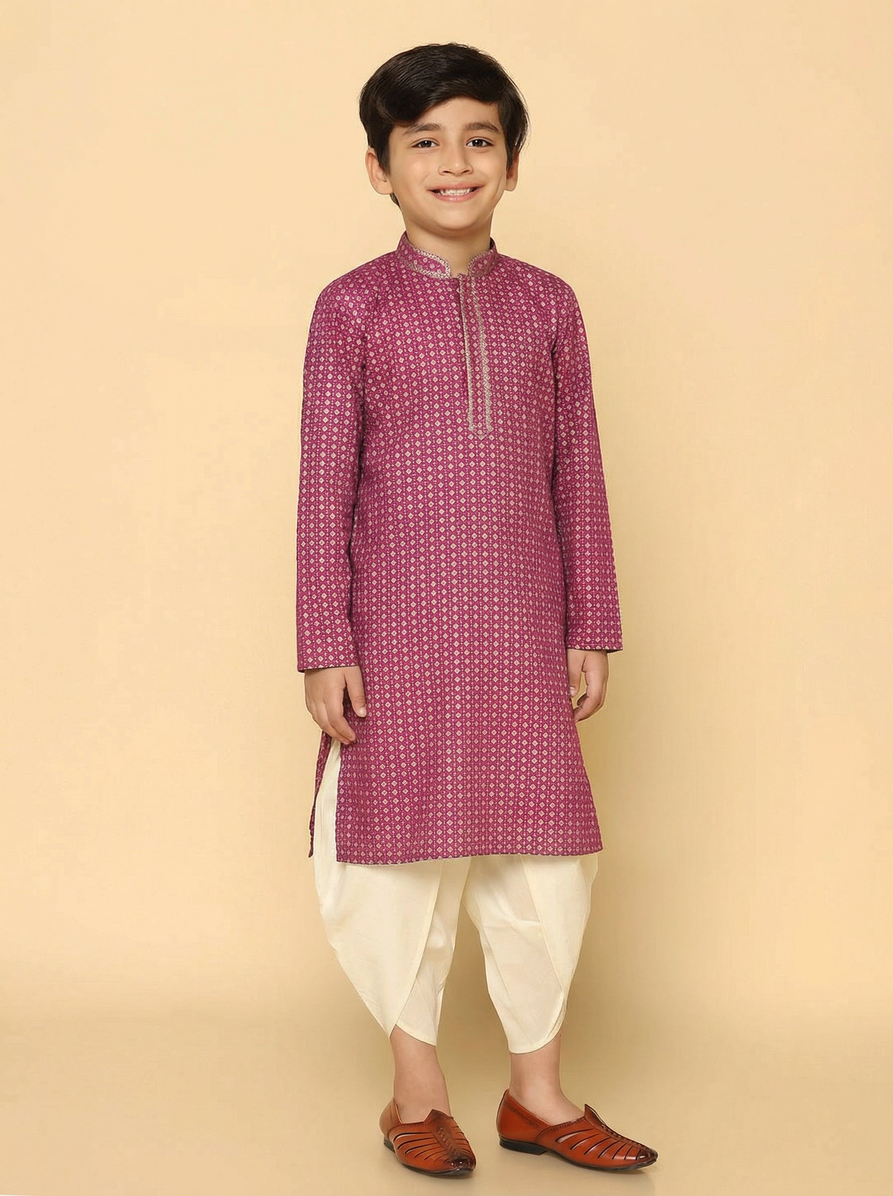 Hot Pink Cotton Blend Printed Kurta Dhoti Set