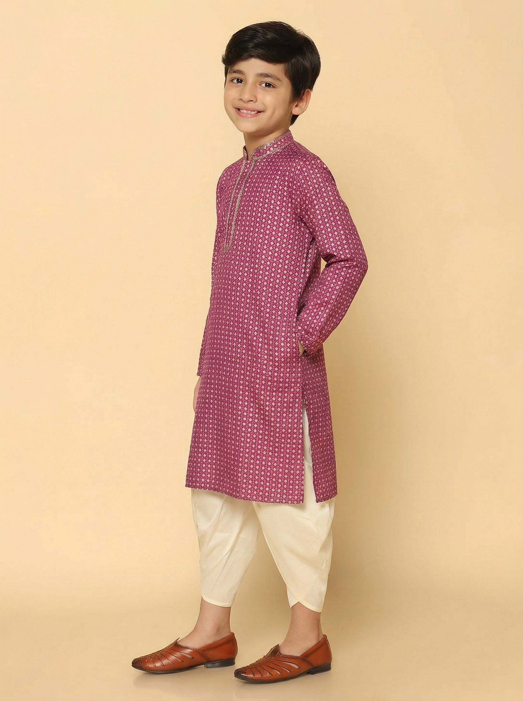 Hot Pink Cotton Blend Printed Kurta Dhoti Set